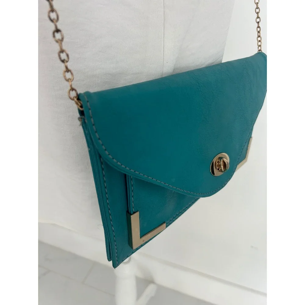 Teal Envelope Clutch Bag Gold Hardware Chain Strap Crossbody Turquoise Faux Leat